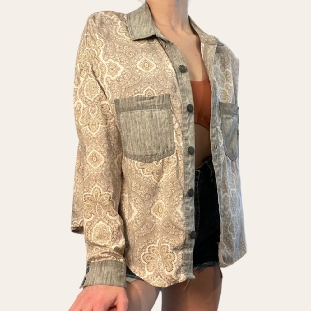 Free People Patterned Aged Denim Button Up - image 4